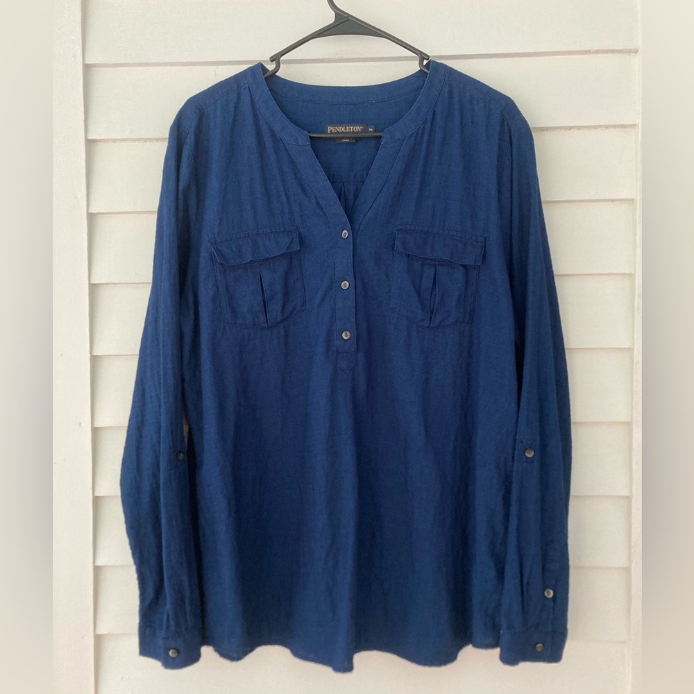 Pendleton | Navy Cotton Henley Blouse Size XL